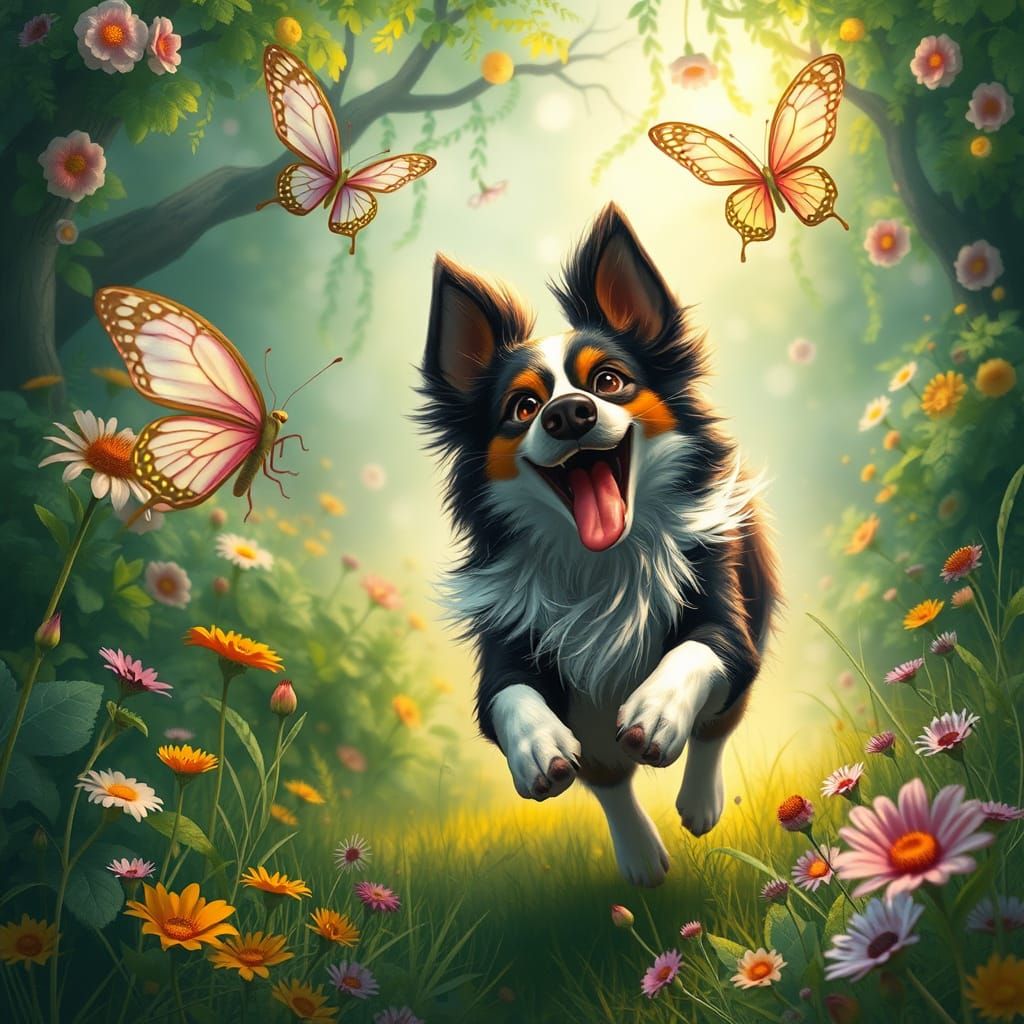 bordercollie in a fantasy world with a happy dog face hunting a butterfly  by @Aquarius