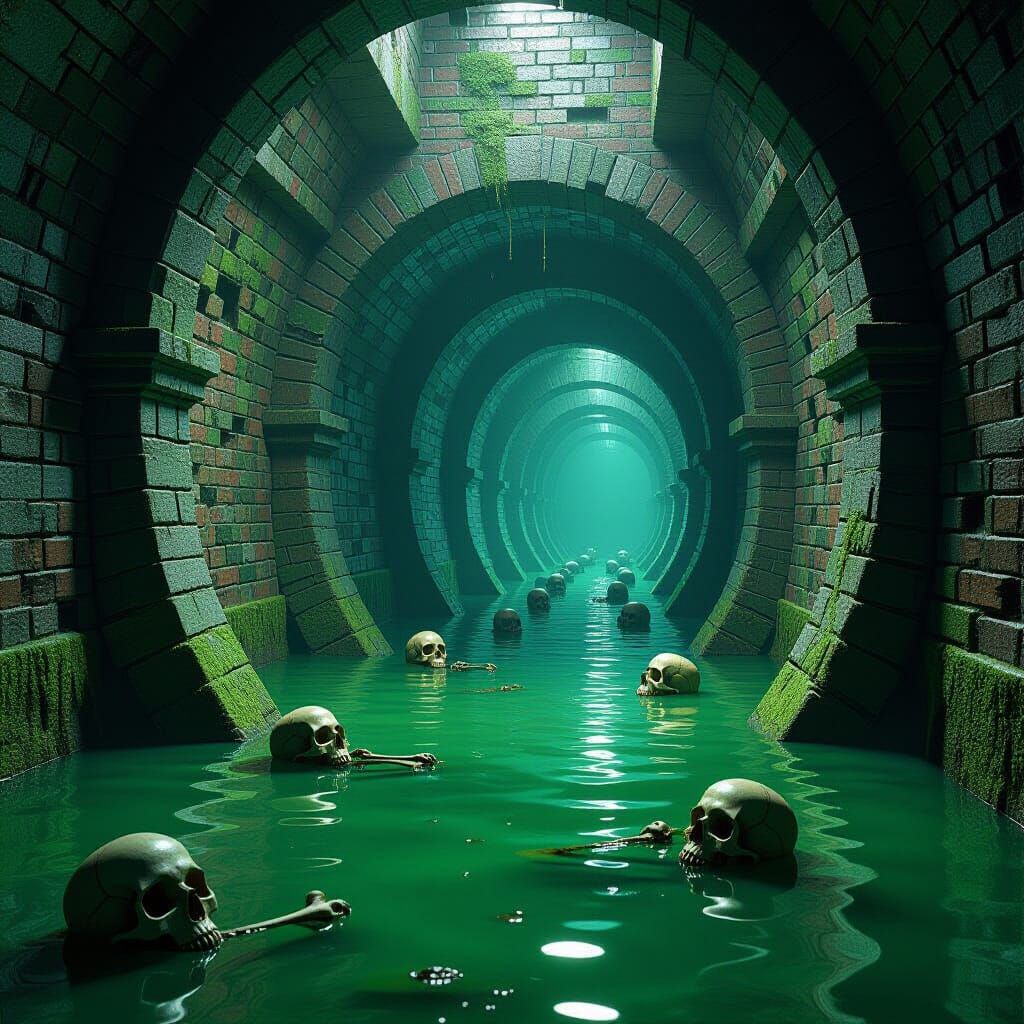 In a dark sewage passage there are bones and gats floating in the green water