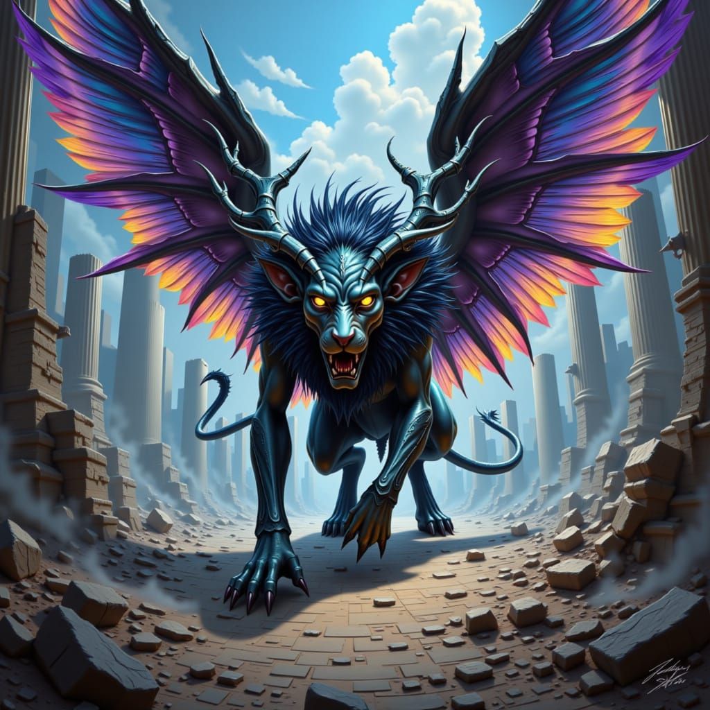 Mythological illustration. A powerful alien creature, resembling a winged lion with celestial patterns, guarding a portal between ancient ru...