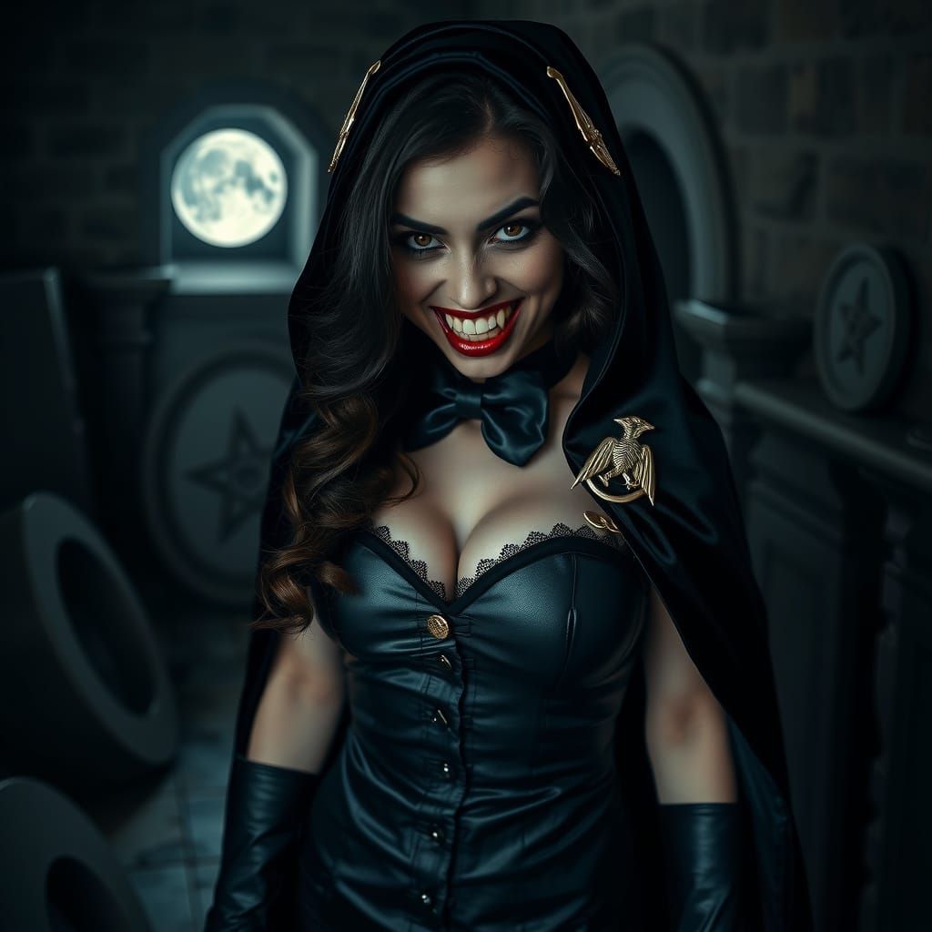 Chilean vampire mulher com presas de vampiro a mostra, madura, gravata preta, gravata borboleta, capa de cetim de drácula com insígnia de va...