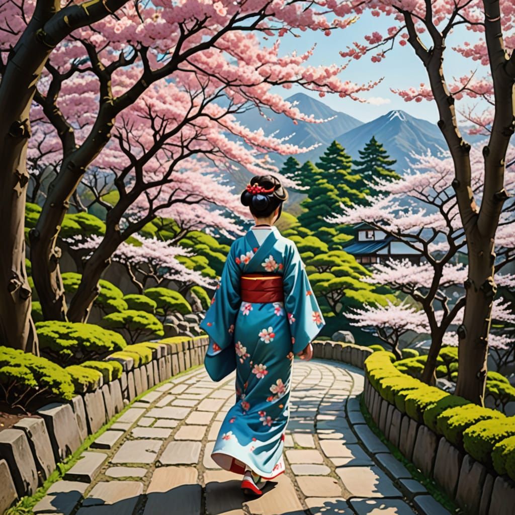 Traditional Japanese Woman in Cherry Blossom Garden