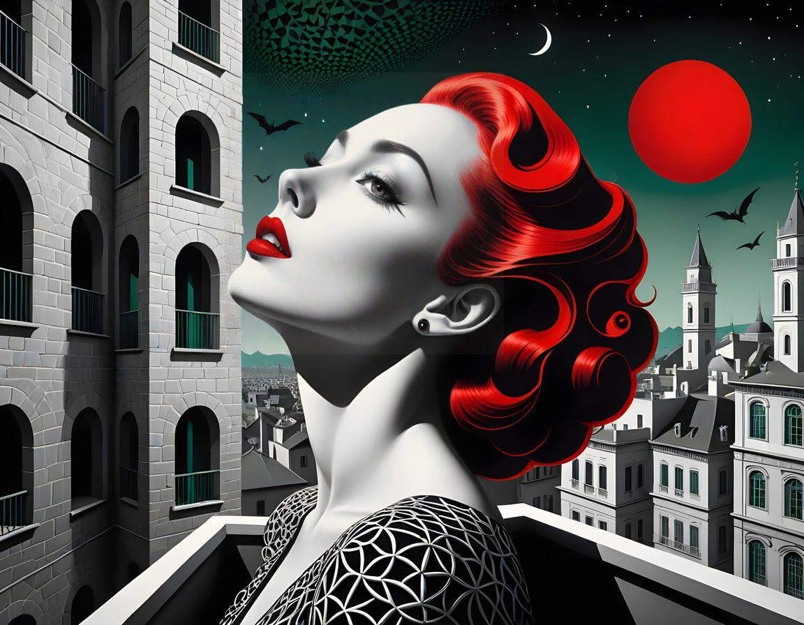 Confident Woman Under Red Moonlit Sky in Pop Art Surrealism