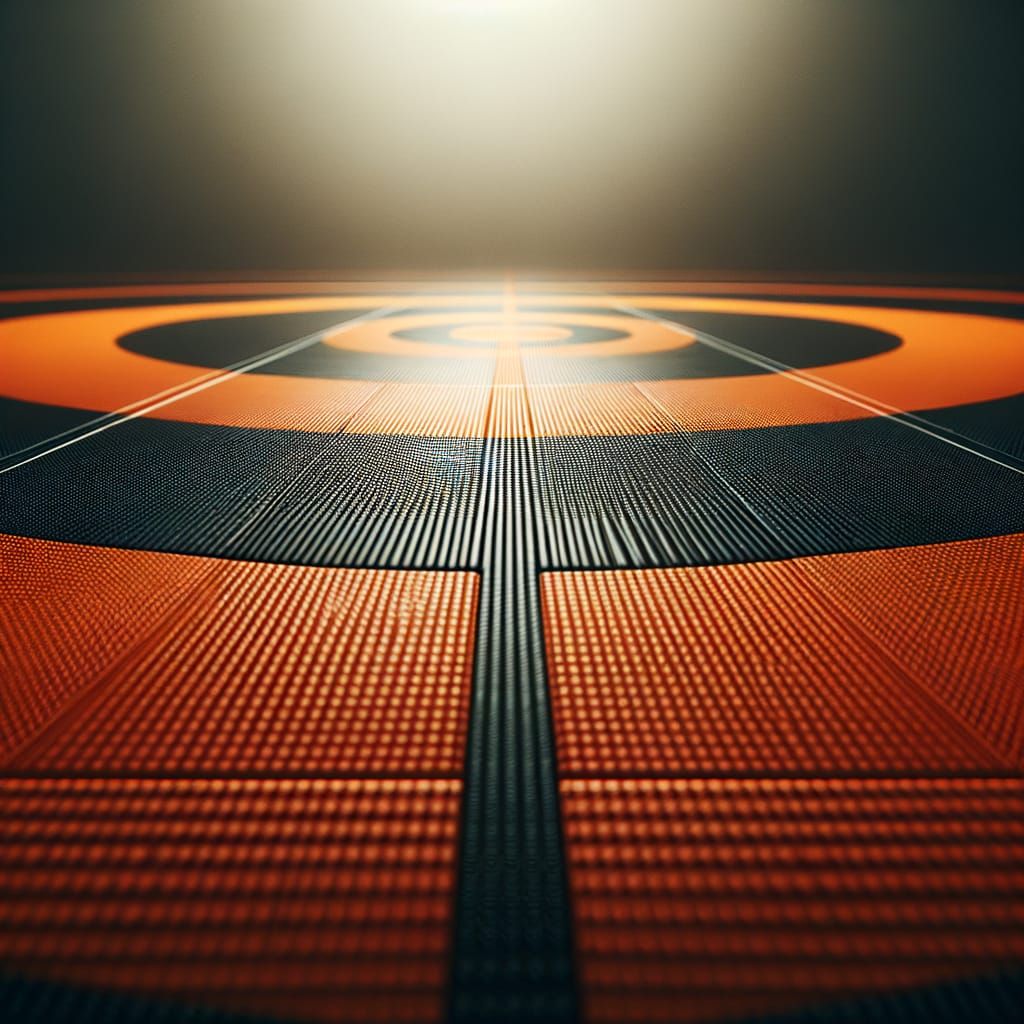 Ultra-realistic close-to-ground shot of a wrestling mat in orange and black. Low-angle perspective with shallow depth of field, detailed mat...