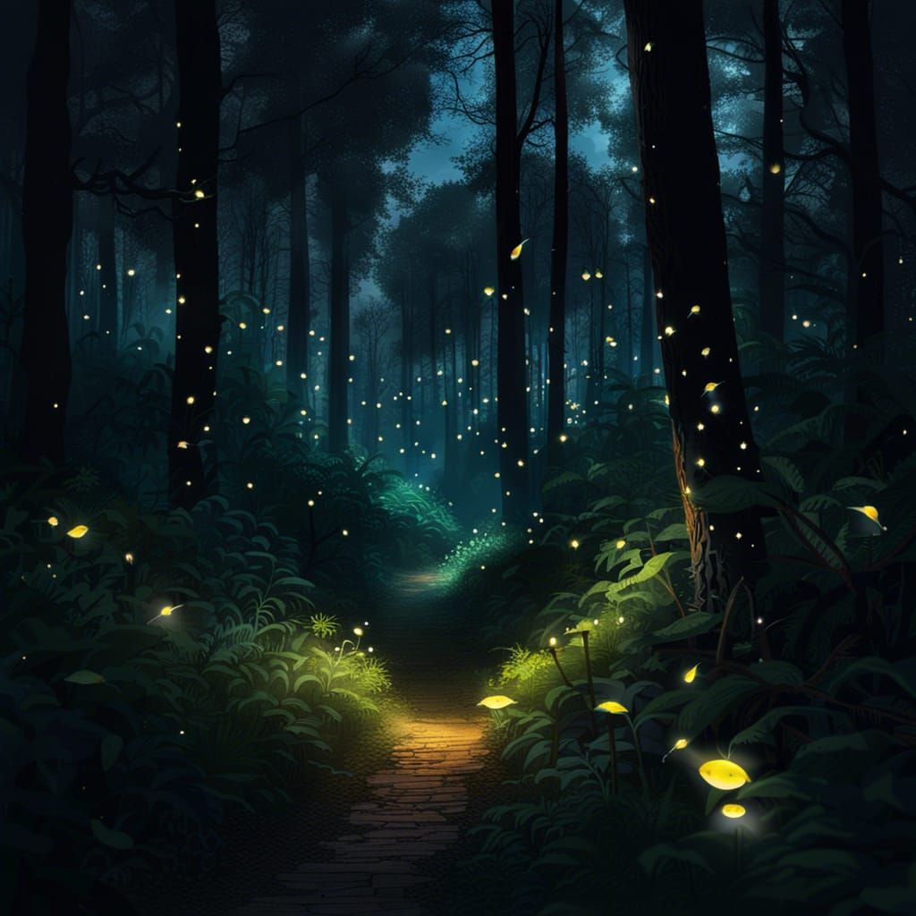 Fireflies lighting the way through a dark forest - AI Generated Artwork ...