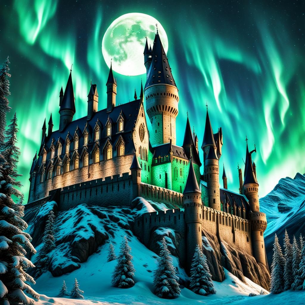 Magical Hogwarts Castle Under Northern Lights and Moon