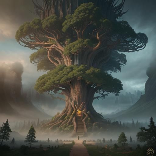 Giant tree library reaching the clouds with elvish door writing 