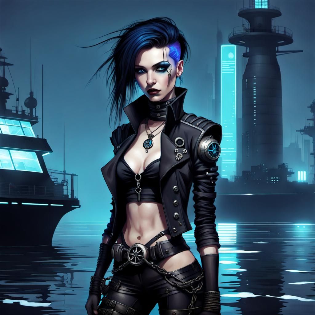 Attractive female nautical cyberpunk goth