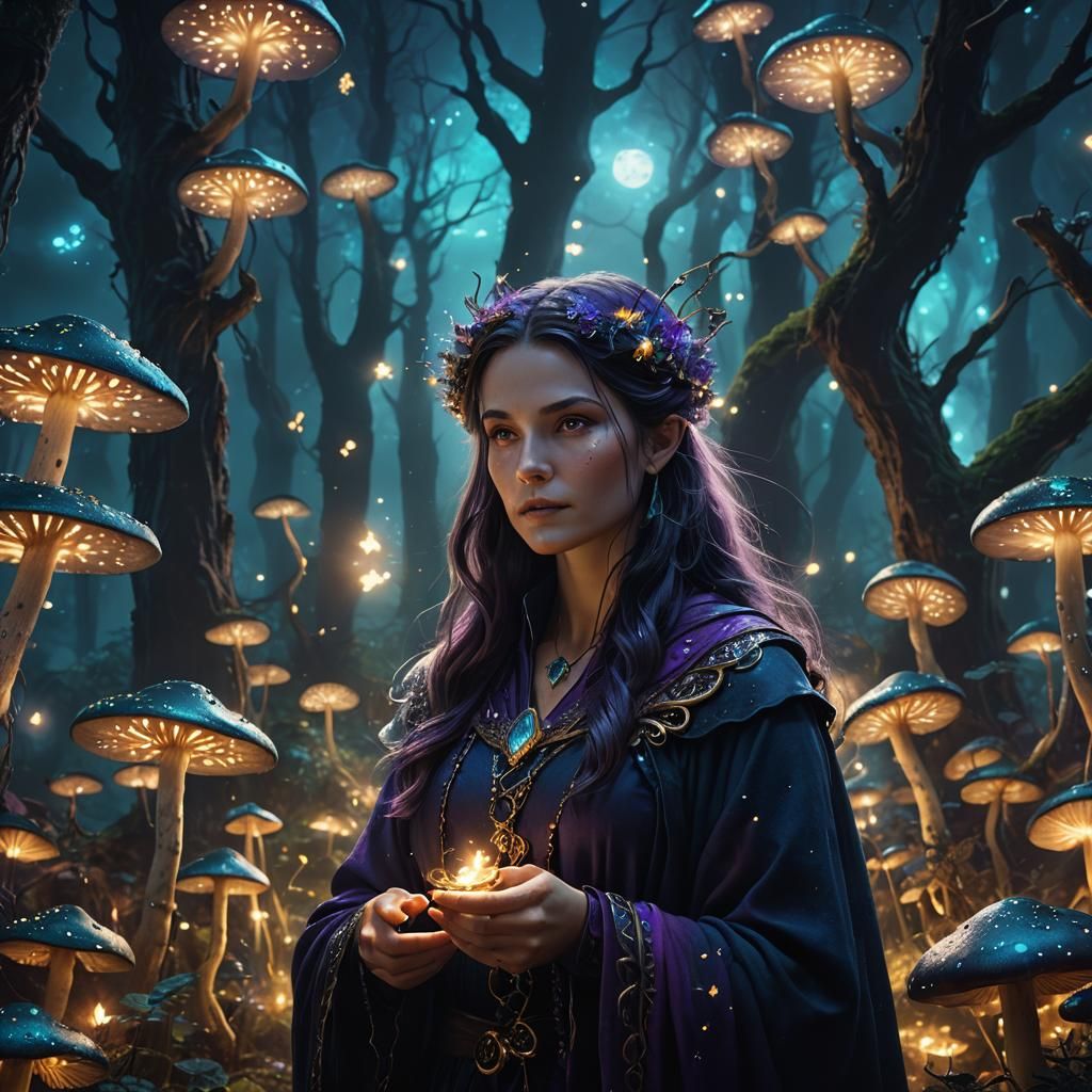 Create dark magical woodland image. Night time. Mostly purpl...