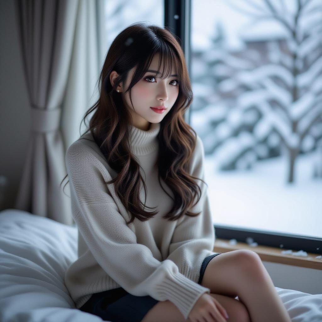 Realistic Portrait of Girl Gazing at Snowfall