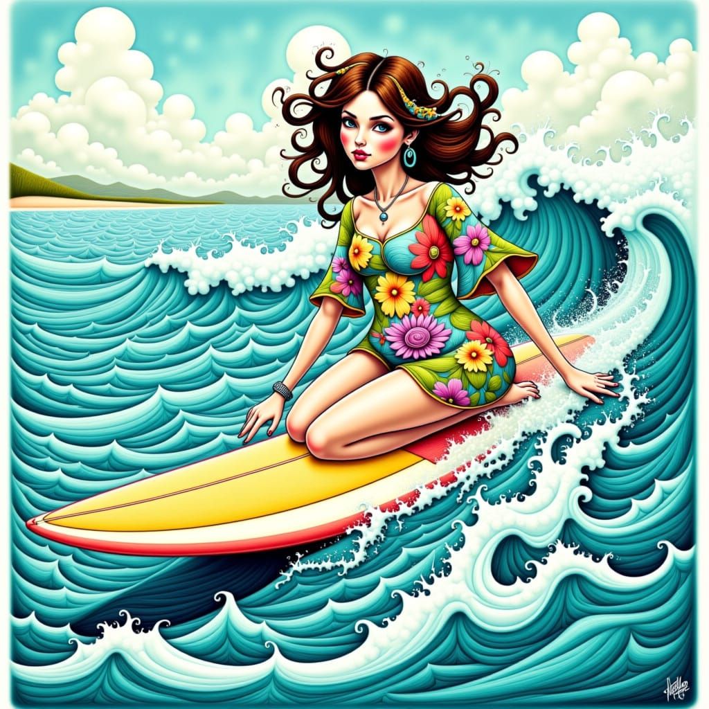 Woman riding a surfboard, wearing a bright beach cover-up, amidst crashing waves and sunny skies, in a vibrant, exaggerated caricature style...