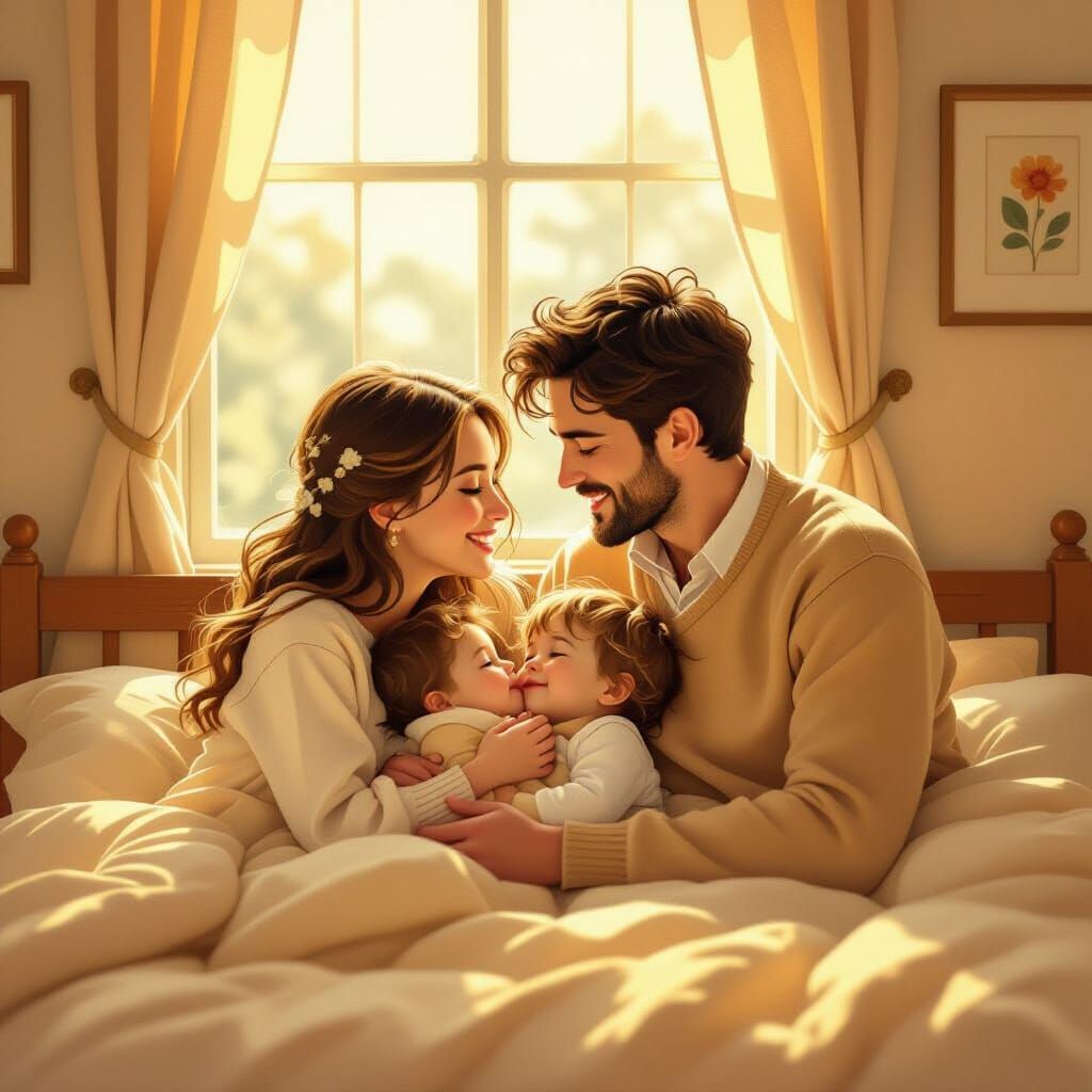 Five White Cats Hugging in Cozy Golden Hour Light