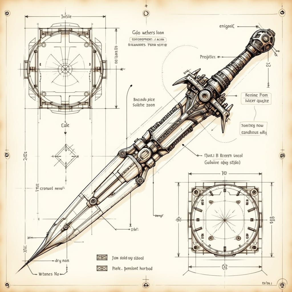 <lora:Schematic Drawing:1.0> An illustration in the style of <Schematic> of a futuristic space commando Sword and shield, showing all its in...