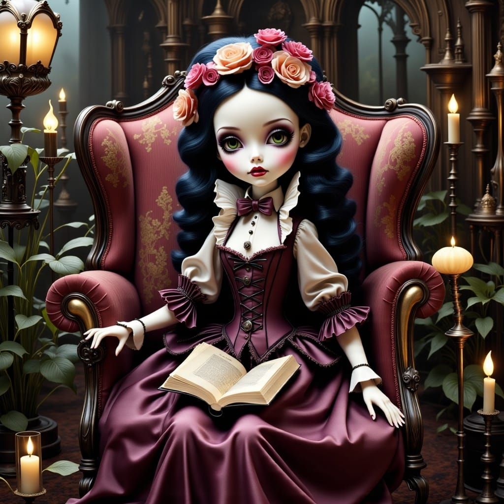 <lora:Flux Whimsy Gothic:1.0> Beautiful doll sitting in rocking chair 
