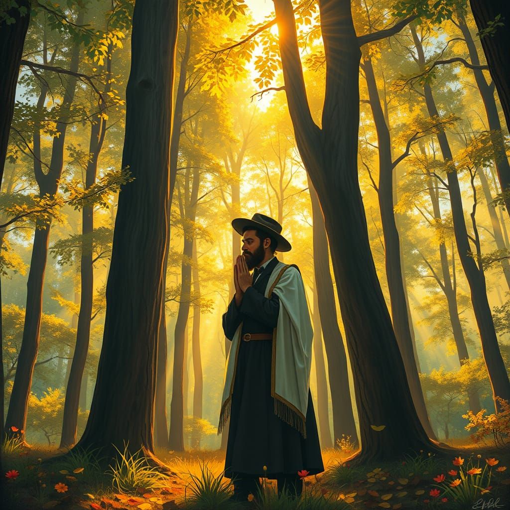 Jewish Man Prays Alone in Enchanted Forest