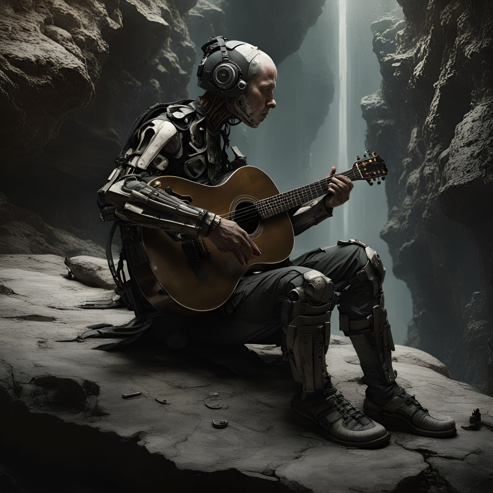 A cyborg practicing its guitar skills  by @Abominator