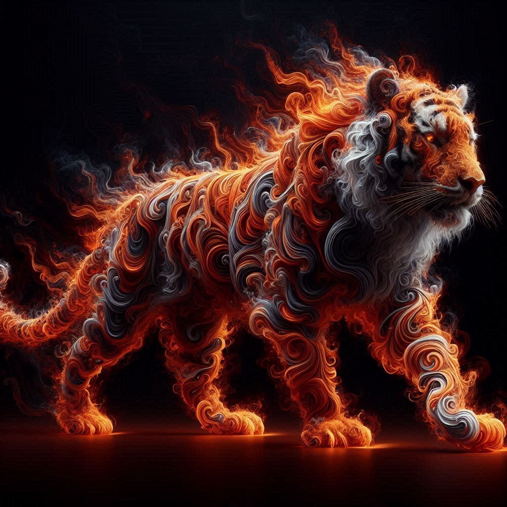 A tiger made of fire and smoke