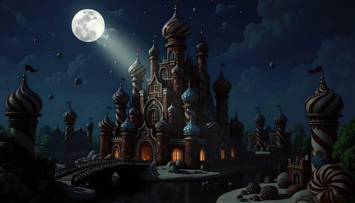 Candy City, a surreal, four-dimensional, and majestic skyscraper, features hardened caramel walls and swirling peppermint candy decorations....