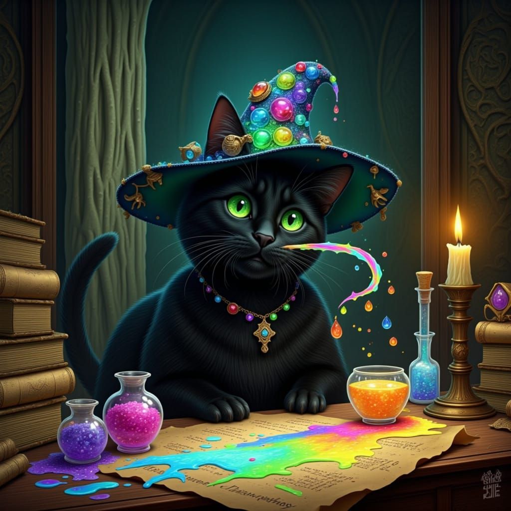 A black cat with emerald green eyes spilling potions over a cluttered wizards desk with a glowing wand in mouth making a mess <lora:Albus th...