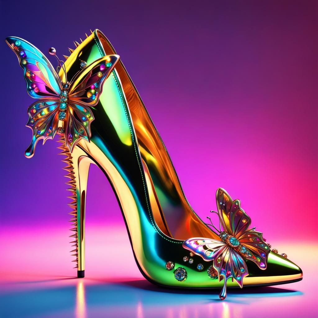 spiked holographic liquid chrome heels