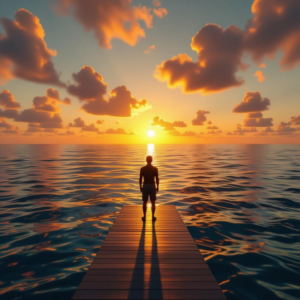 Man Silhouetted Against Golden Sunset Ocean View