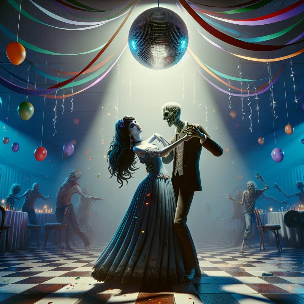 A vampire and a zombie slow dancing under a disco ball, surr...