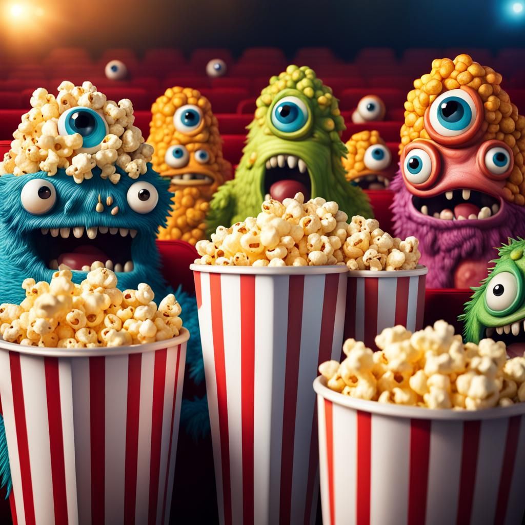 Popcorn monsters in a movie theater