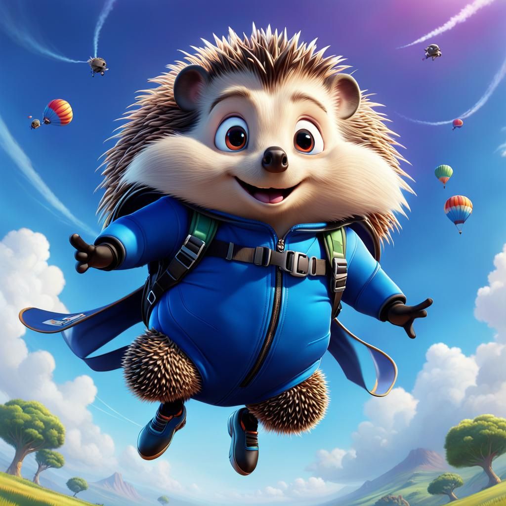 Cartoon Hedgehog Skydiving in Pixar Style