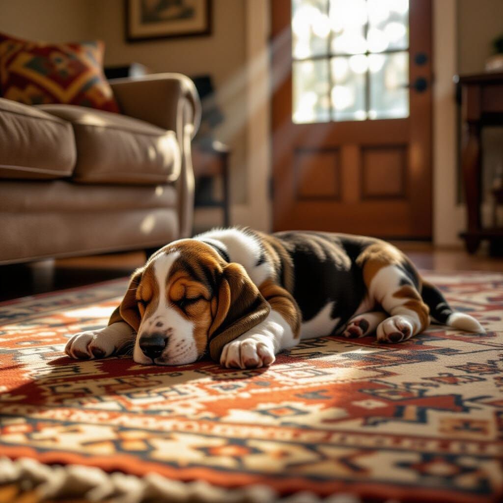 Basset Hound puppy sleeping on Navajo rug in living room next to door, rays sunlight centered on puppy, ...  by @LuckyNavajoMan