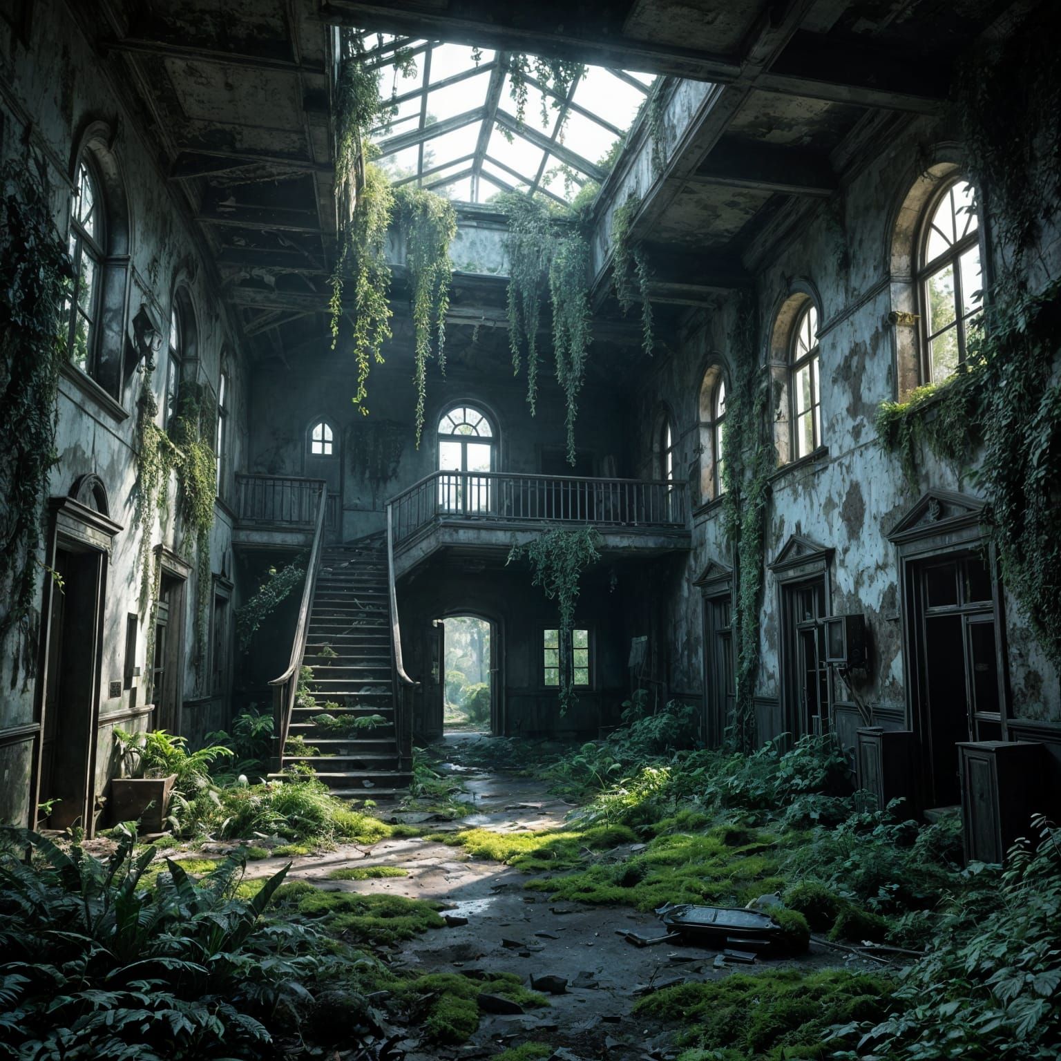 Lost place: an abandoned military hospital overgrown from plants and moss. moody, gothic allure, 3D Game ...  by @MiTh93