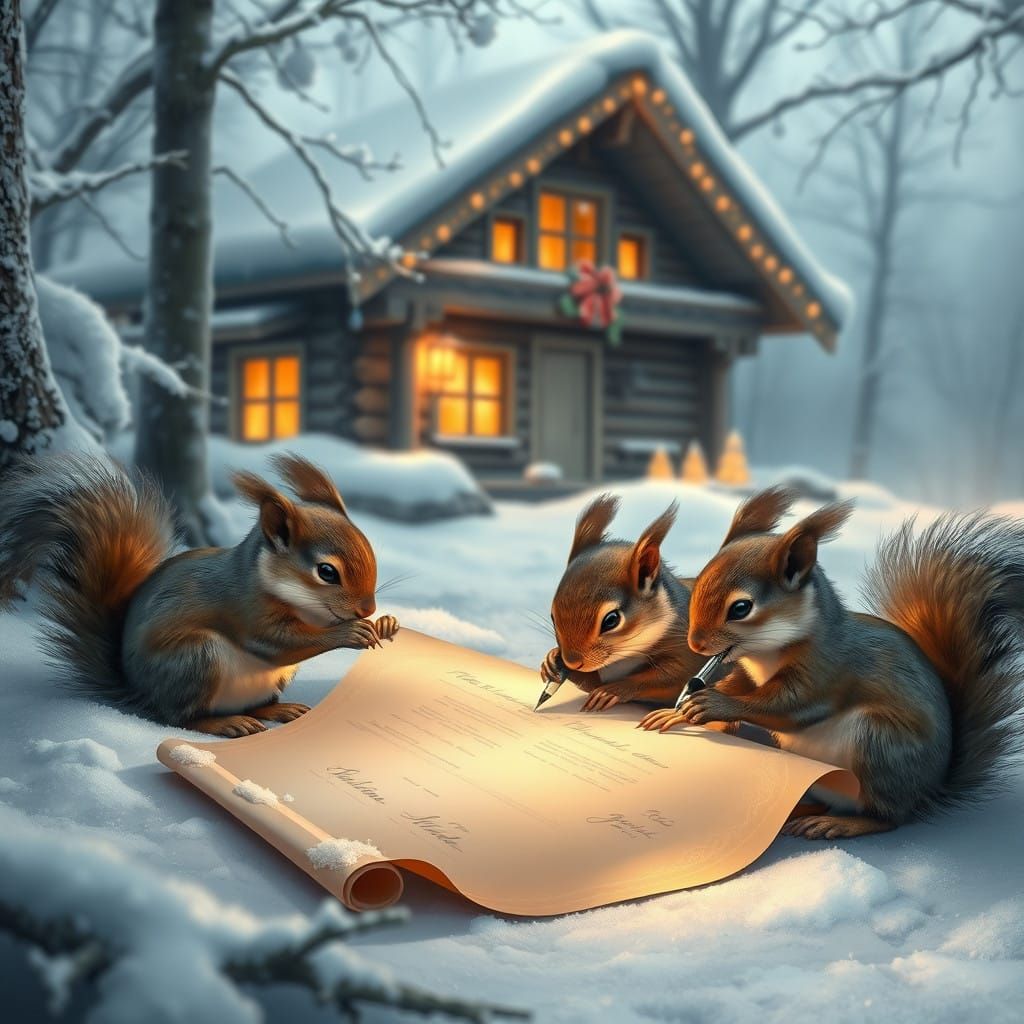 Squirrels Seated Around Scroll in Whimsical Winter Wonderlan...