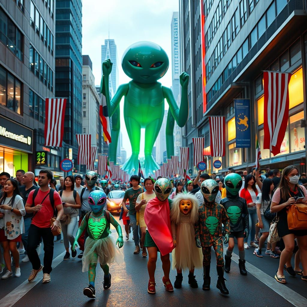 Independence day from alien invasion, happy people in the streets, children ...  by @HarrietM