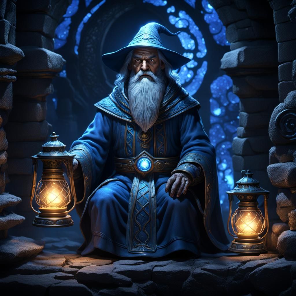 Good wizard pondering ages past in Blue lantern in a dungeon