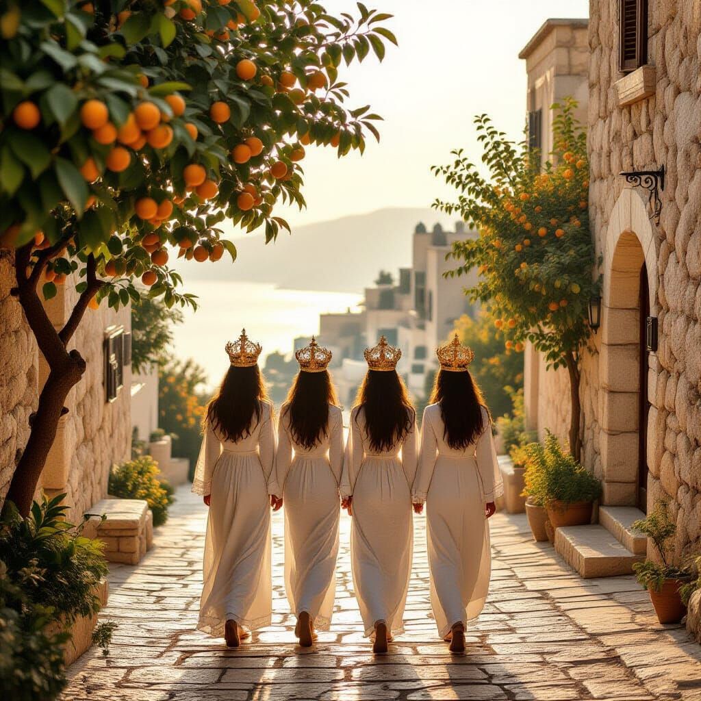 A fantasy scene of an ancient street in the city of Safed (Tzfat), with citrus trees lining the stone path and the sea visible in the distan...