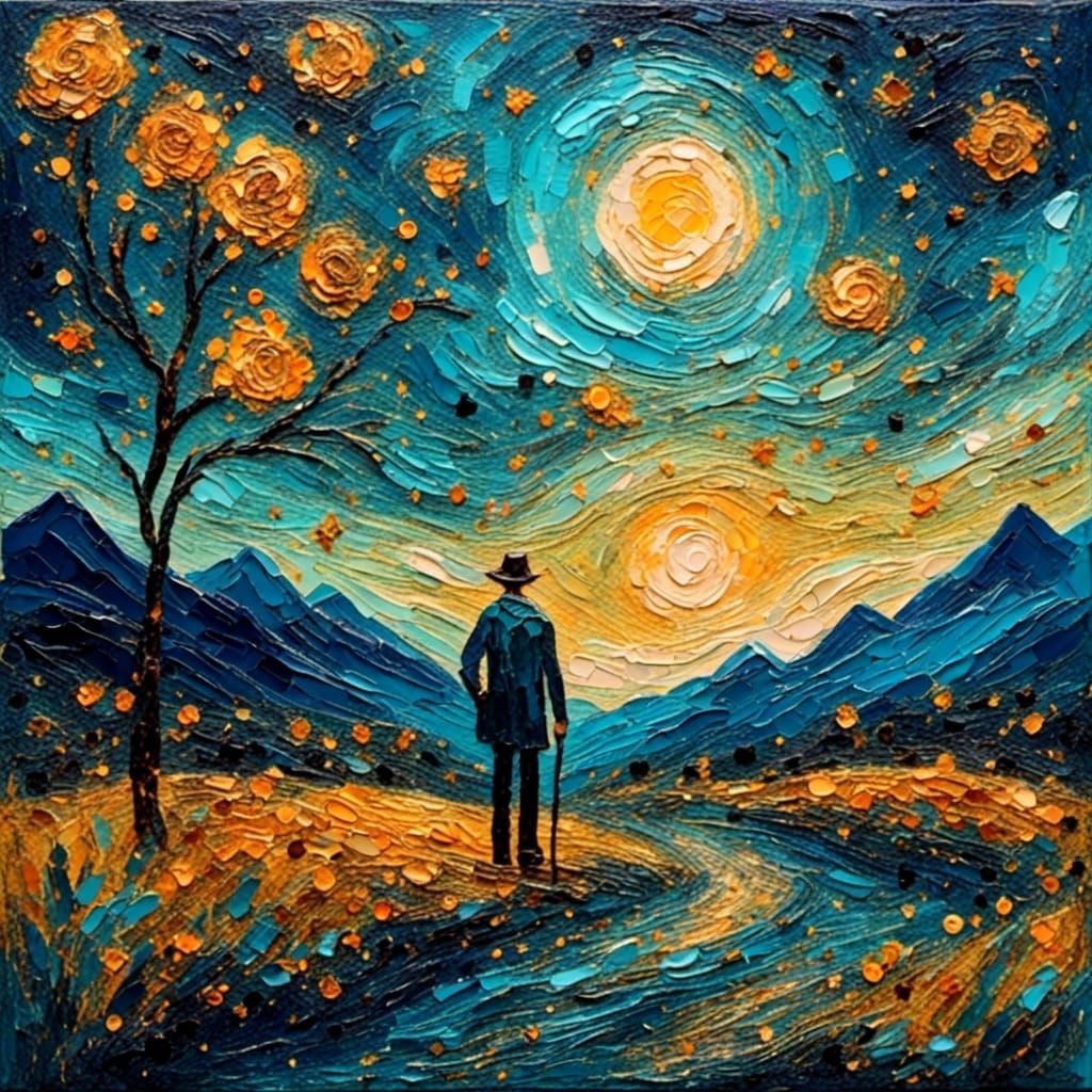 <lora:Textured-Impasto:1.0>   lonely guy  , fantasy landscape Thick Textured impasto painting under a sunset starry sky by Van Gogh by James...
