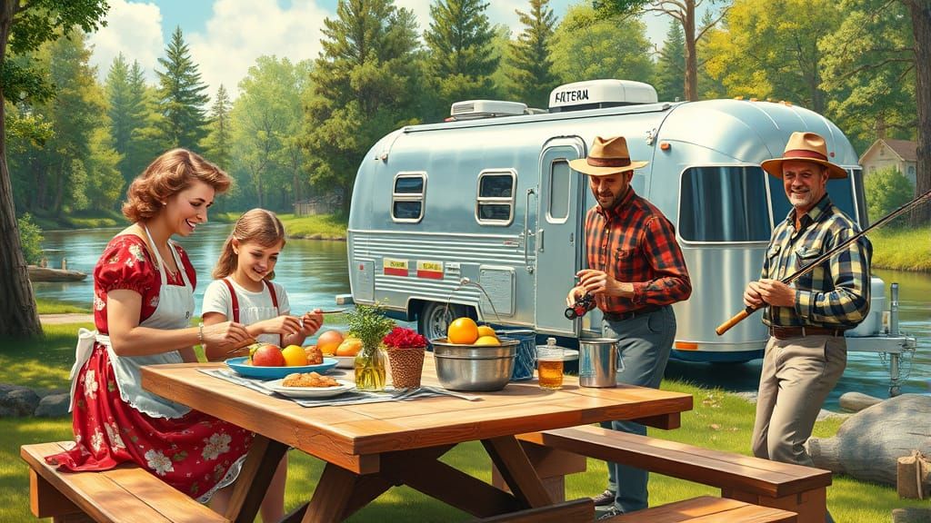 1950s family camping with their vintage trailer   by @Spring Tide