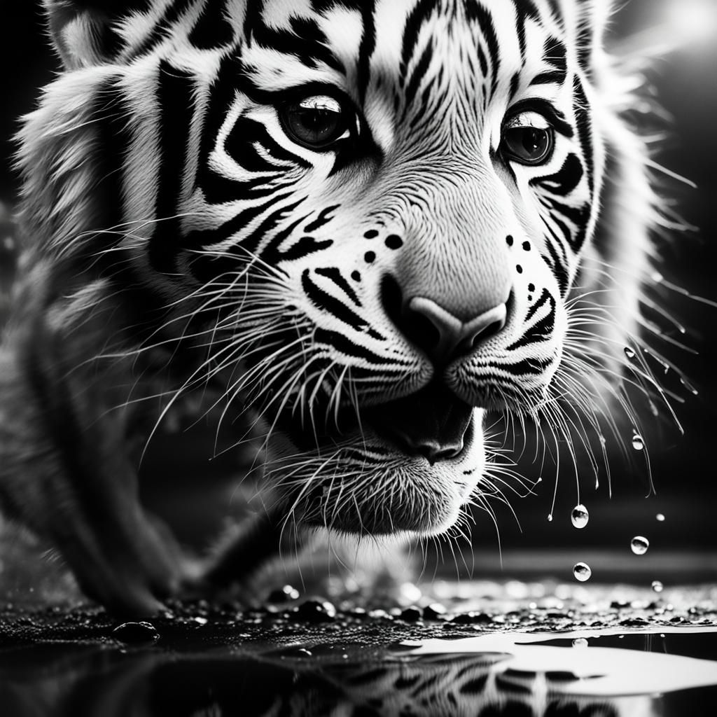 Greyscale sketch of a smiling baby white tigers face with bi...