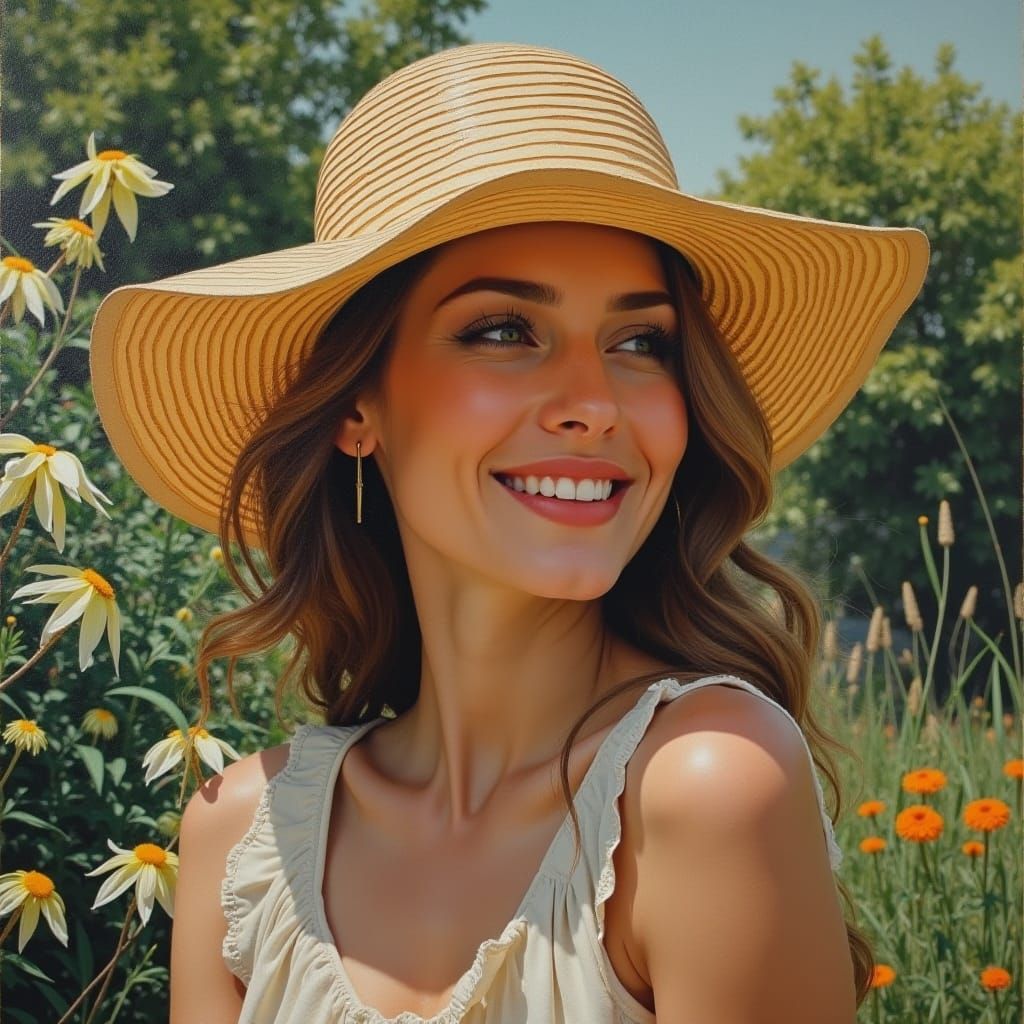 beautiful woman wearing a sun hat in a garden