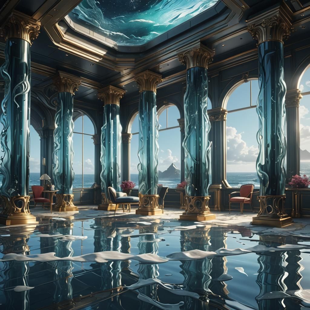 bedroom, dreamy, airy, ocean waves flooding floors, futurist...