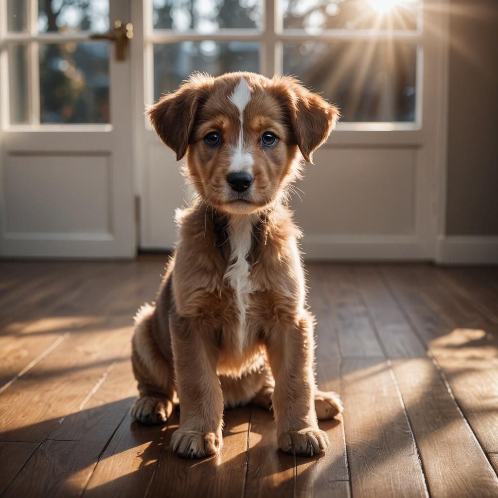 puppy playing on a hardwood floor. Window in the background backlighting the puppy and illuminating its fur. Backlit high contrast. Highly d...