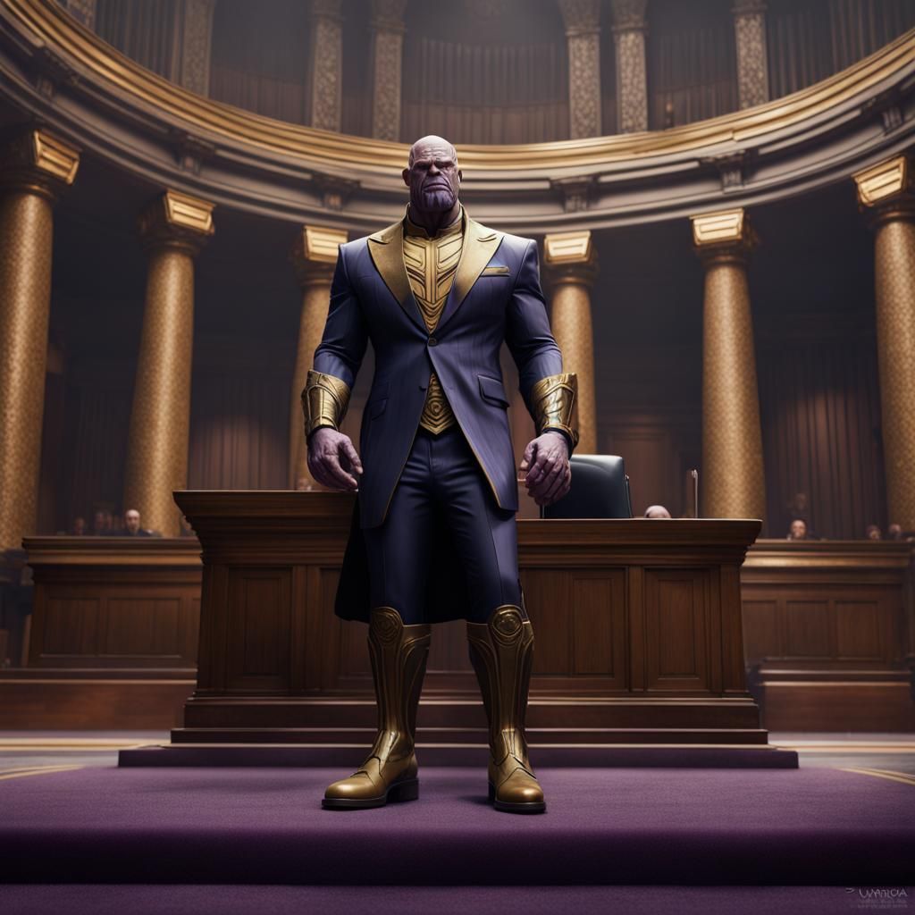 Thanos wearing a Tom Ford suit in court