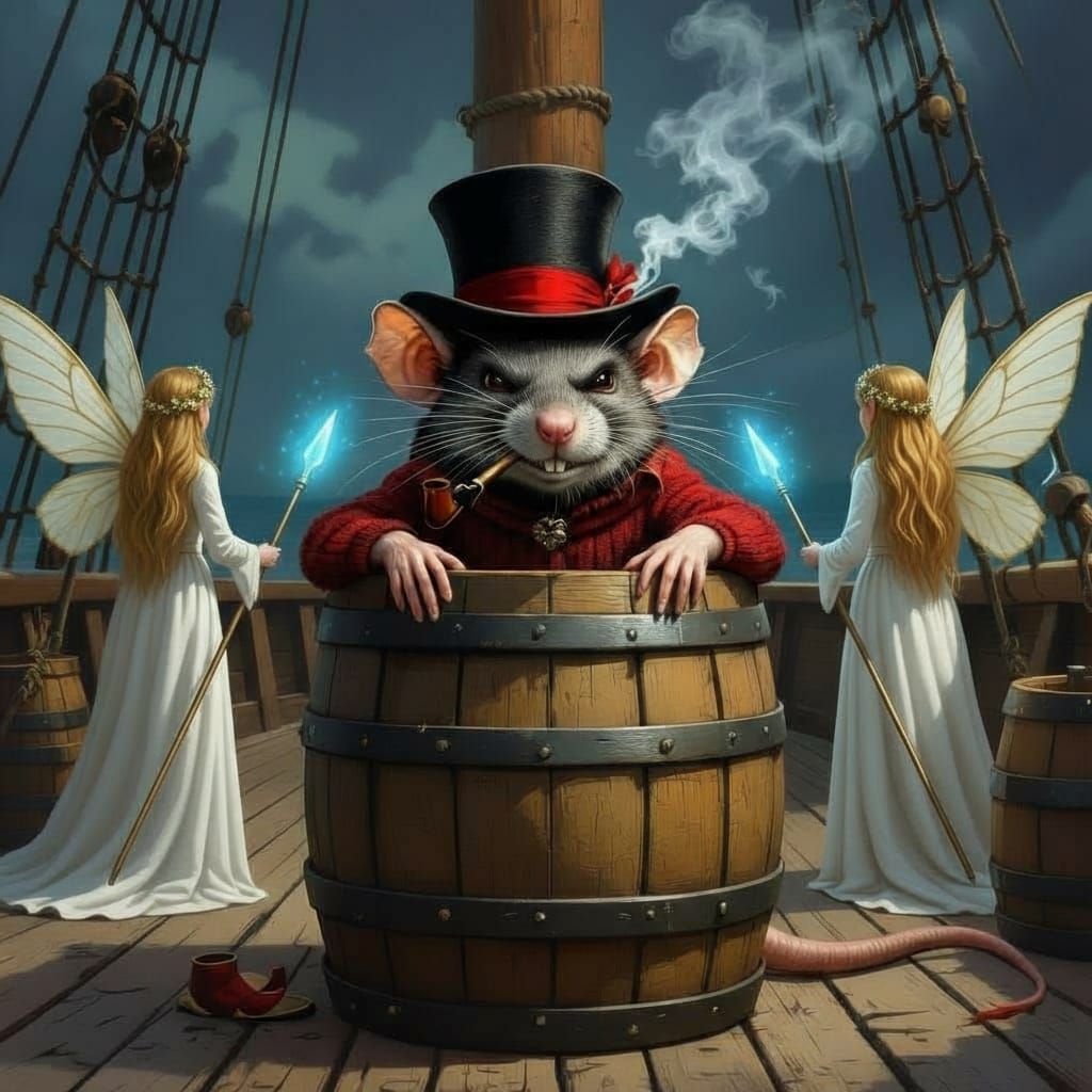 On the deck of a wood three masted ship sits a barrel with the lid tipped up. Inside peeking out is the head of a rat, the size of a human w...
