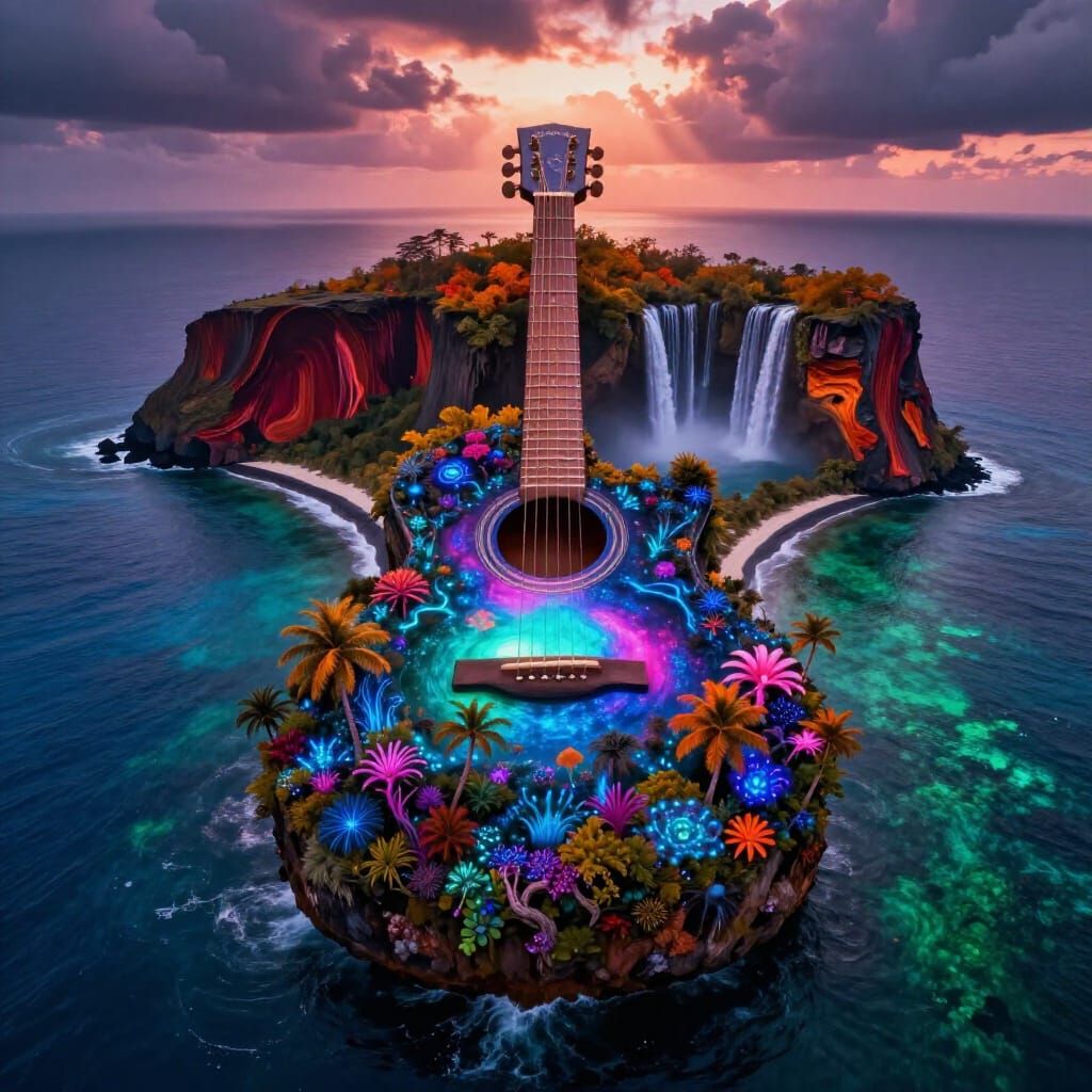 Guitar Island Oasis: Bioluminescent Forest & Cosmic Lagoon