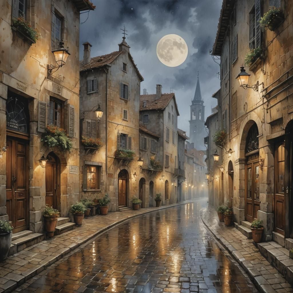 Rainy Night in an Italian Village: Watercolor Painting