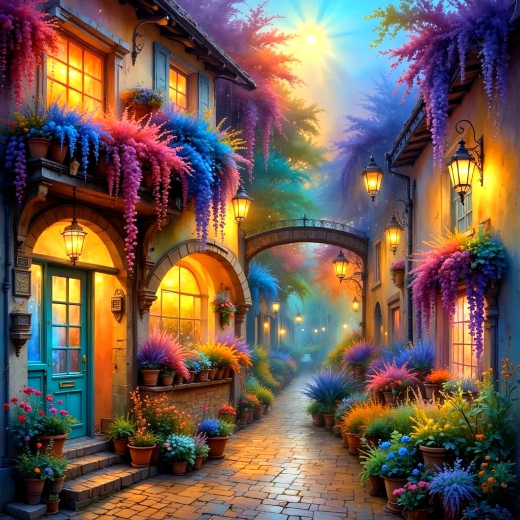 <lora:Colorful-Flux:1.0>A European flower shop filled with colorful wisterias, flowers, and foliage. Rain, glowing windows. 
 Fireflies.  T...