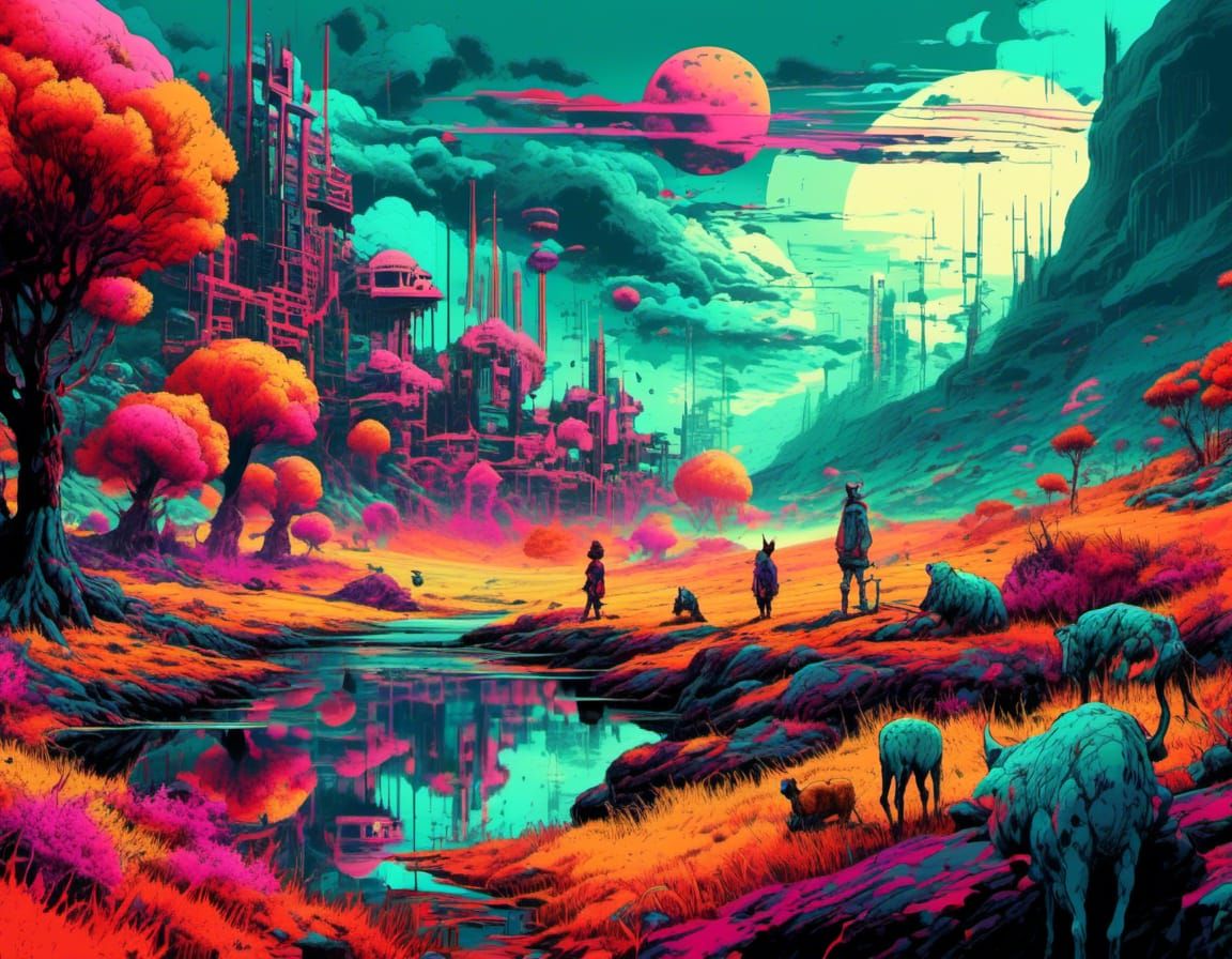 Surreal retro manga art, landscape with hallucinatory colors and charming creatures. Cyberdelic elements, corrupted glitching pixelating. ch...