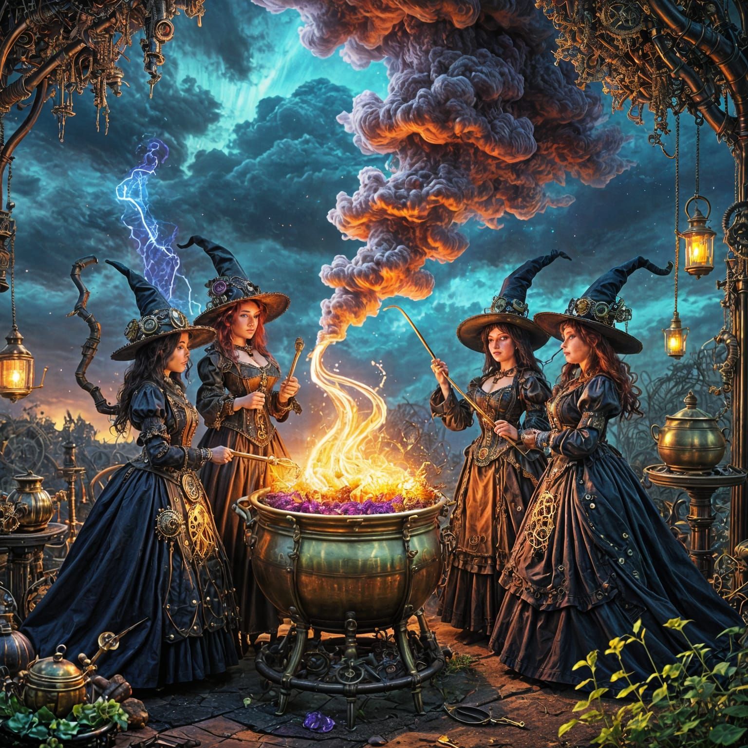 Awesome witches brewing potions with brass cauldrons  by @kirra-anne-ramirez