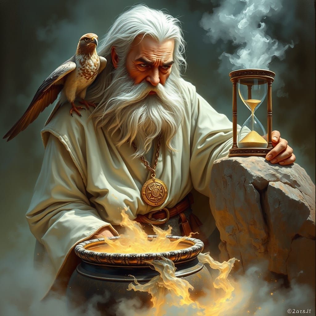 An old wizard, his hair and beard a blend of white and silver, is dressed in a white robe with a leather ...  by @Chippy