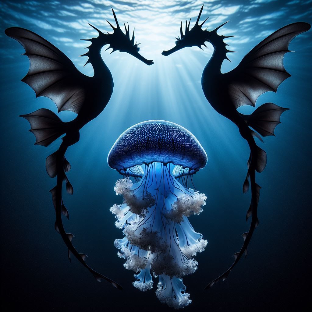 🐉🌊 Two black sea dragons swimming above a blue jellyfish