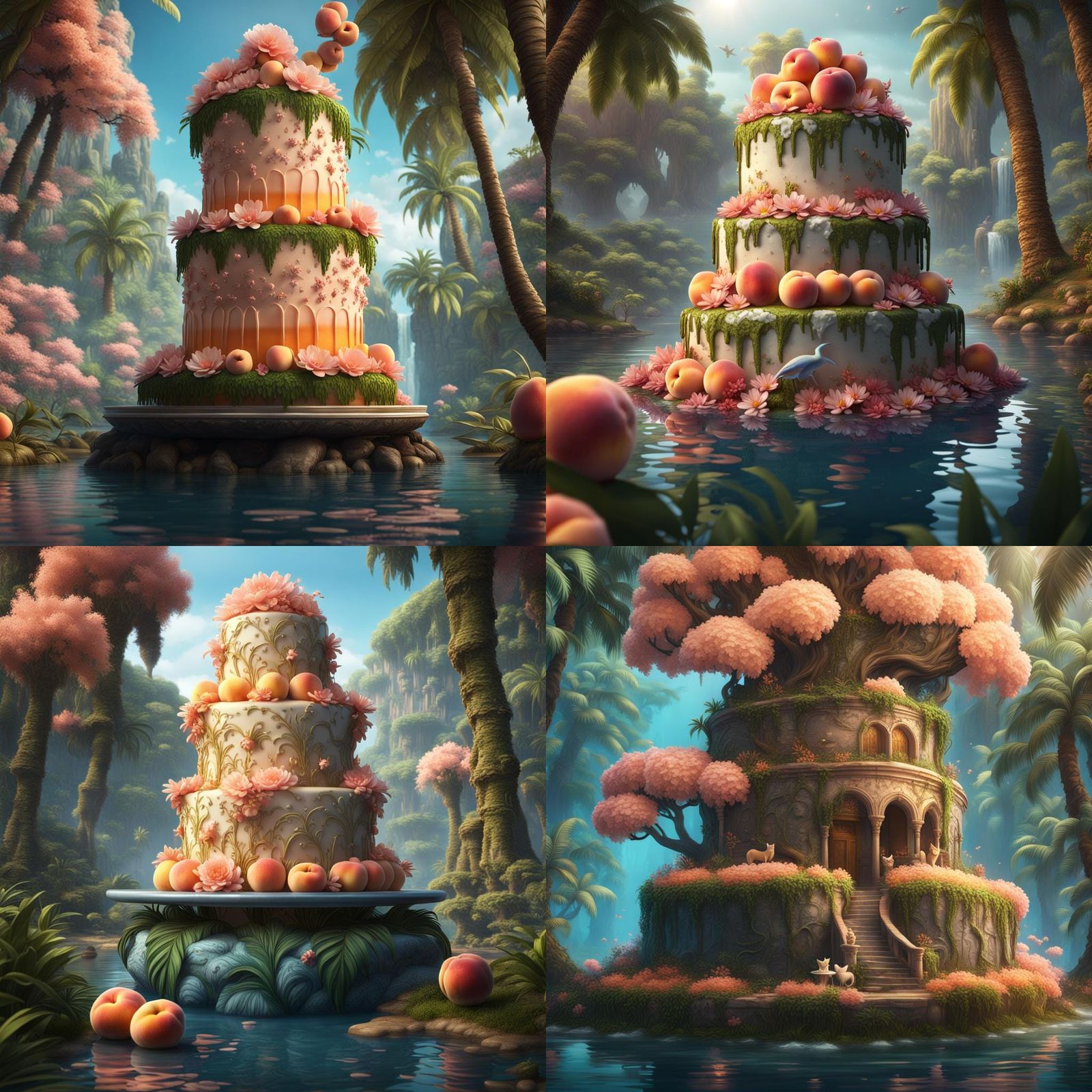 three layer peach cake with flowers lychee palm trees cats f...