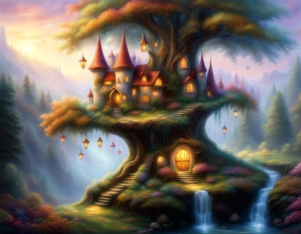 Fairy village around the trunk of a tree, a fairy castle nearby